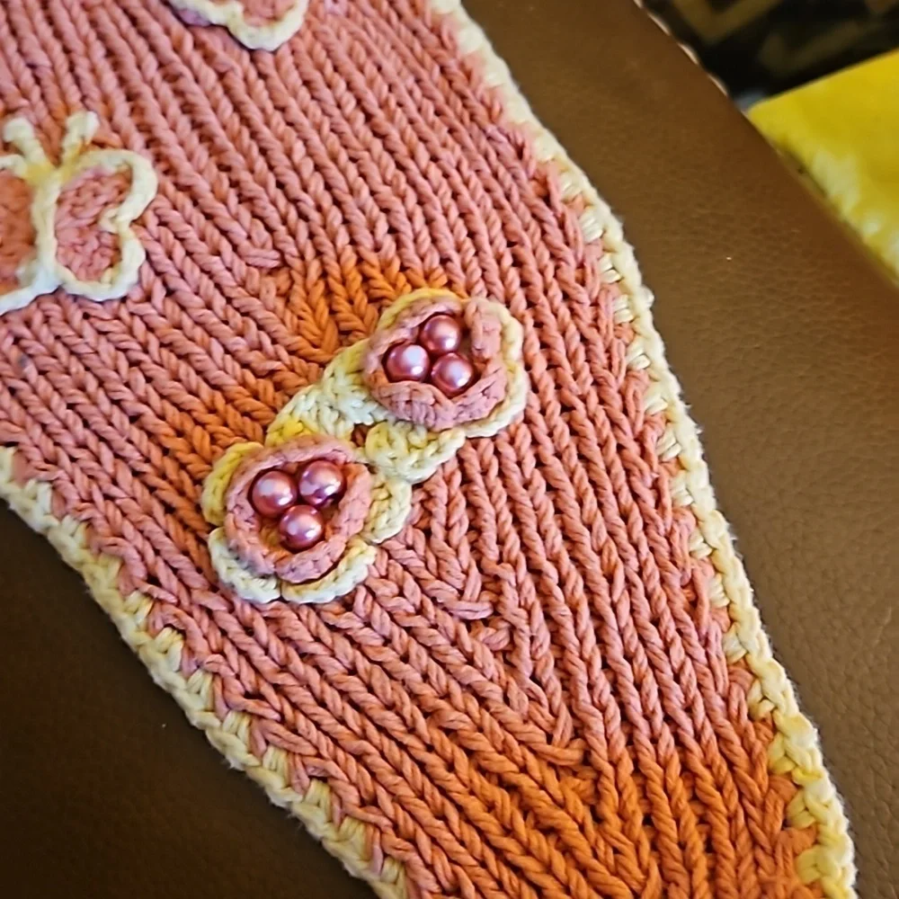 Vintage Crochet Fairycore Floral Butterfly Button Salmon Headband Wrap